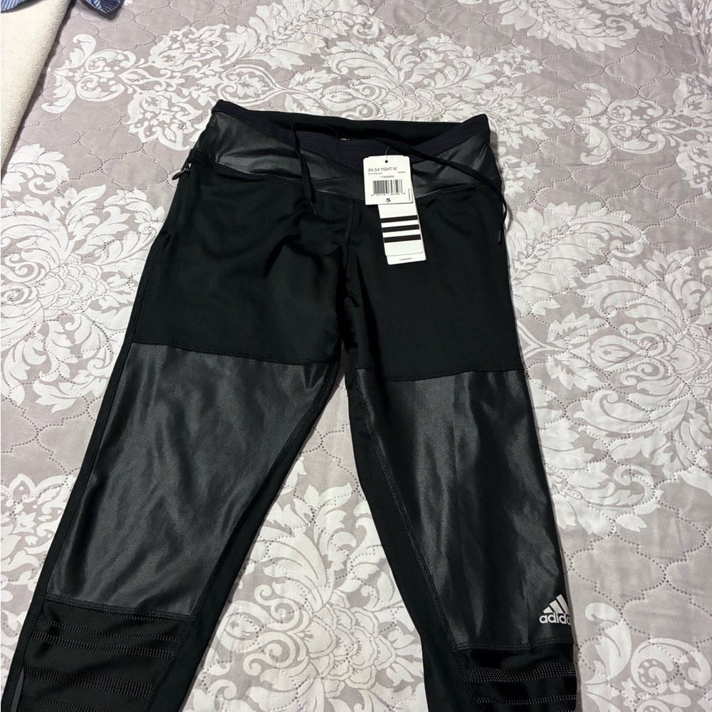 Women’s  Black Athletic Leggings with Faux-Leather Panels by Adidas